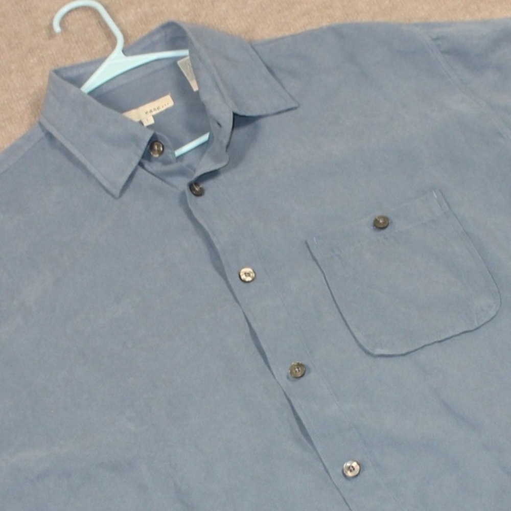 Ease Mens Large Blue Faux Suede Long Sleeve Button Down‎ Shirt Chest Pocket L